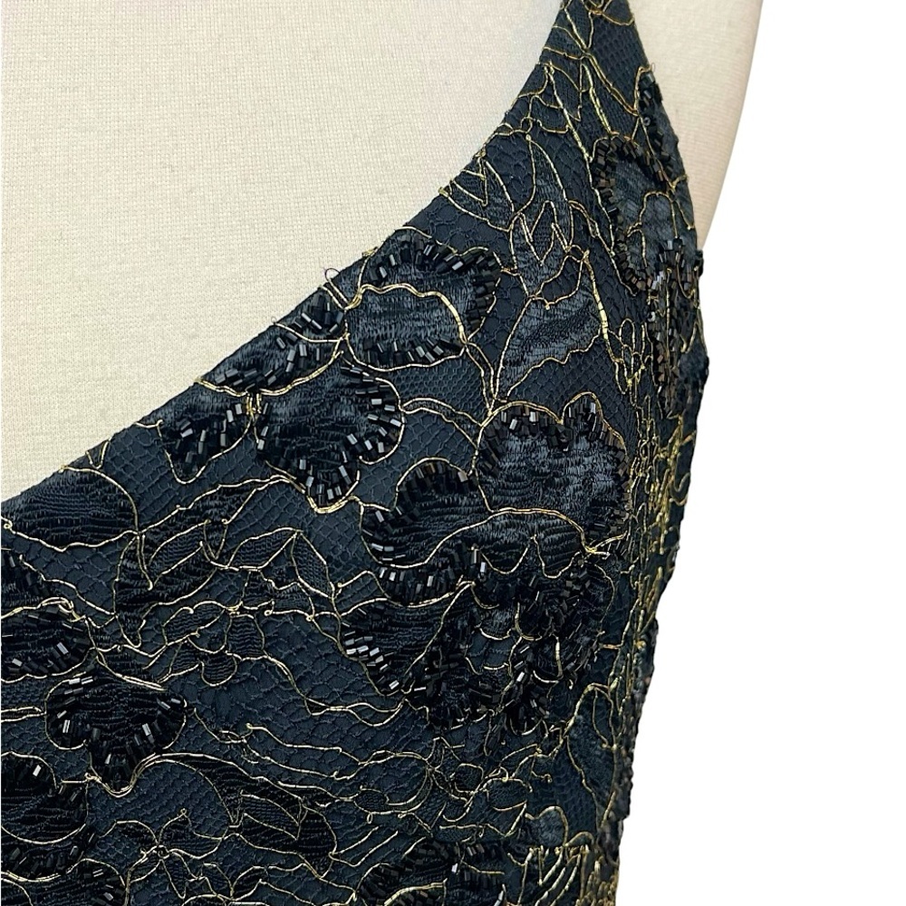 Carmen Marc Valvo Vintage 90s Black Gold Lace Beaded Mini Dress Sheath 10 Med - Picture 6 of 16